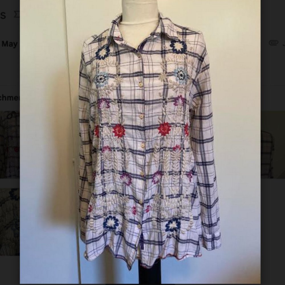 Johnny Was embroidered plaid l/s  shirt sz M